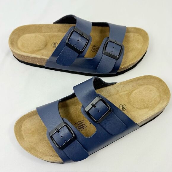 Cushionaire LANE Blue Nappa Leather Suede Pad Double Strap Slide Sandal - Picture 9 of 16